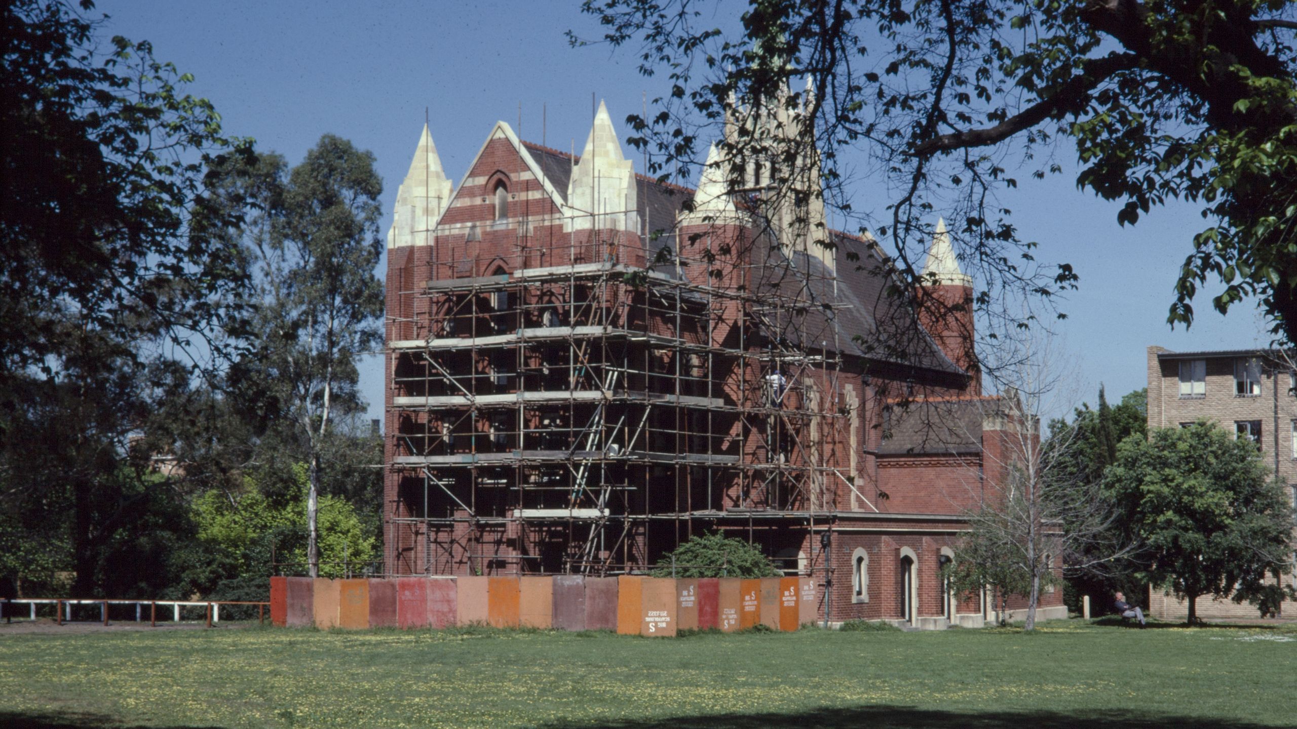 The College Chapel shrouded in scaffolding, 1980s 