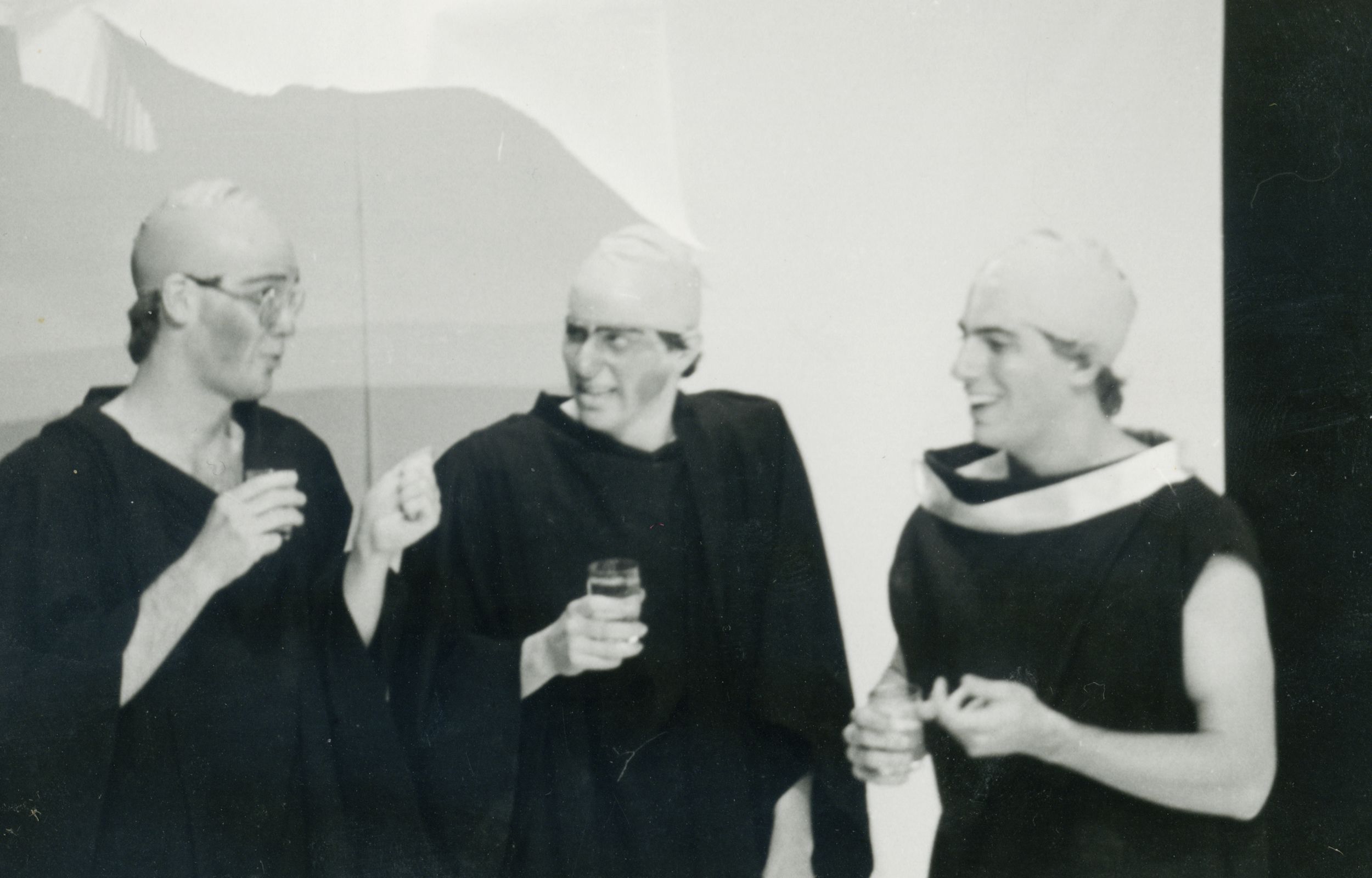 Swimming caps make for a good bald-cap in the 1981 college performance of Bertolt Brecht's Mr Puntilla.
