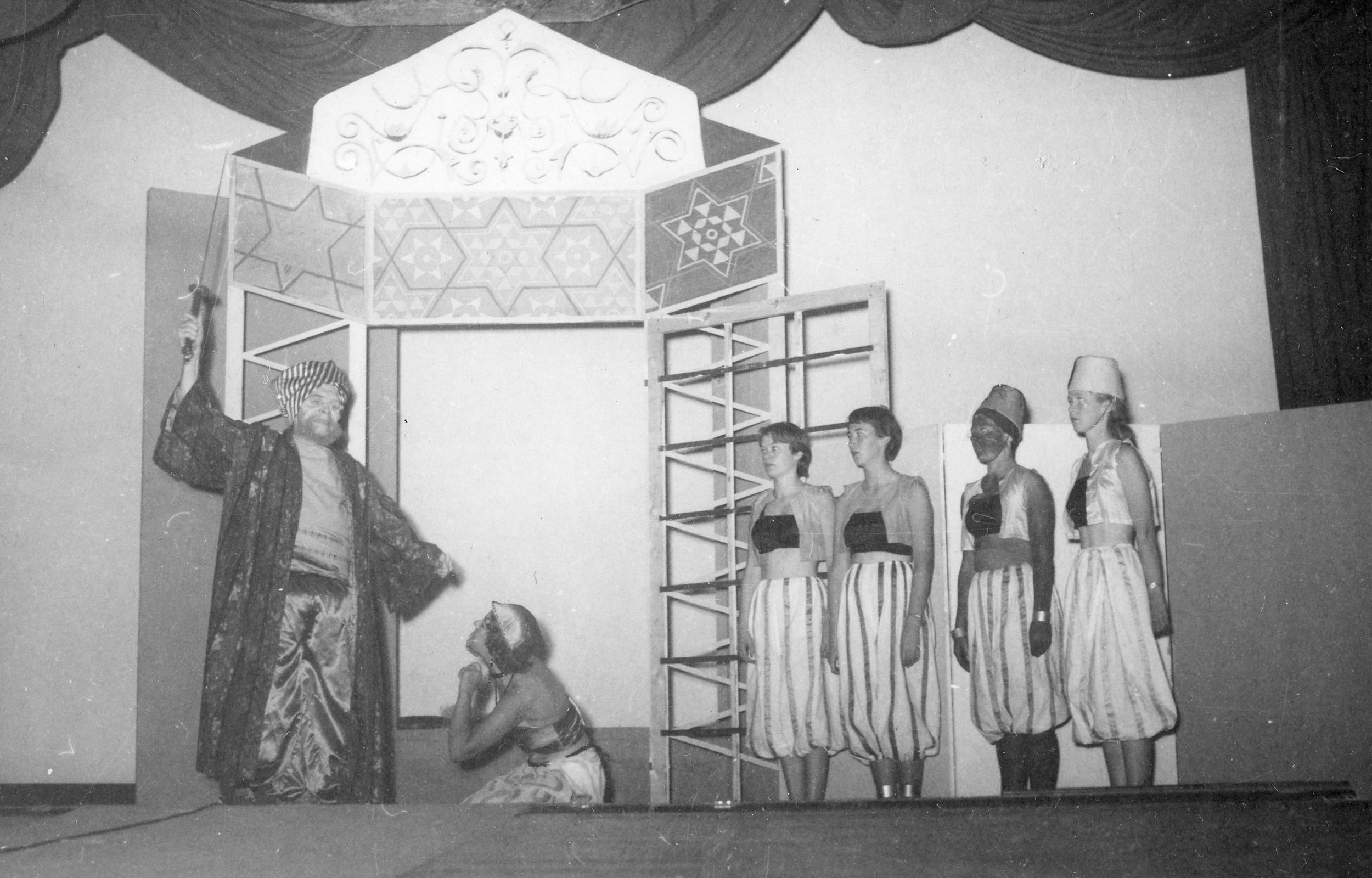 The cast of the 1955 production of Hassan during a final dress rehearsal before opening night.