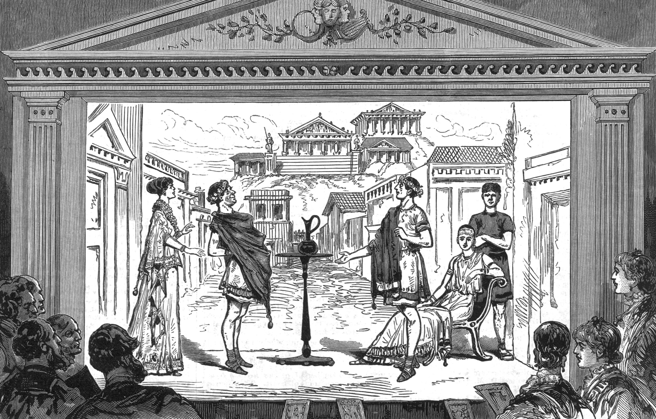 Audience attendees watching Trinity's performance of Mostellaria, in June 1881. Australasian Sketcher, 18 June 1881.