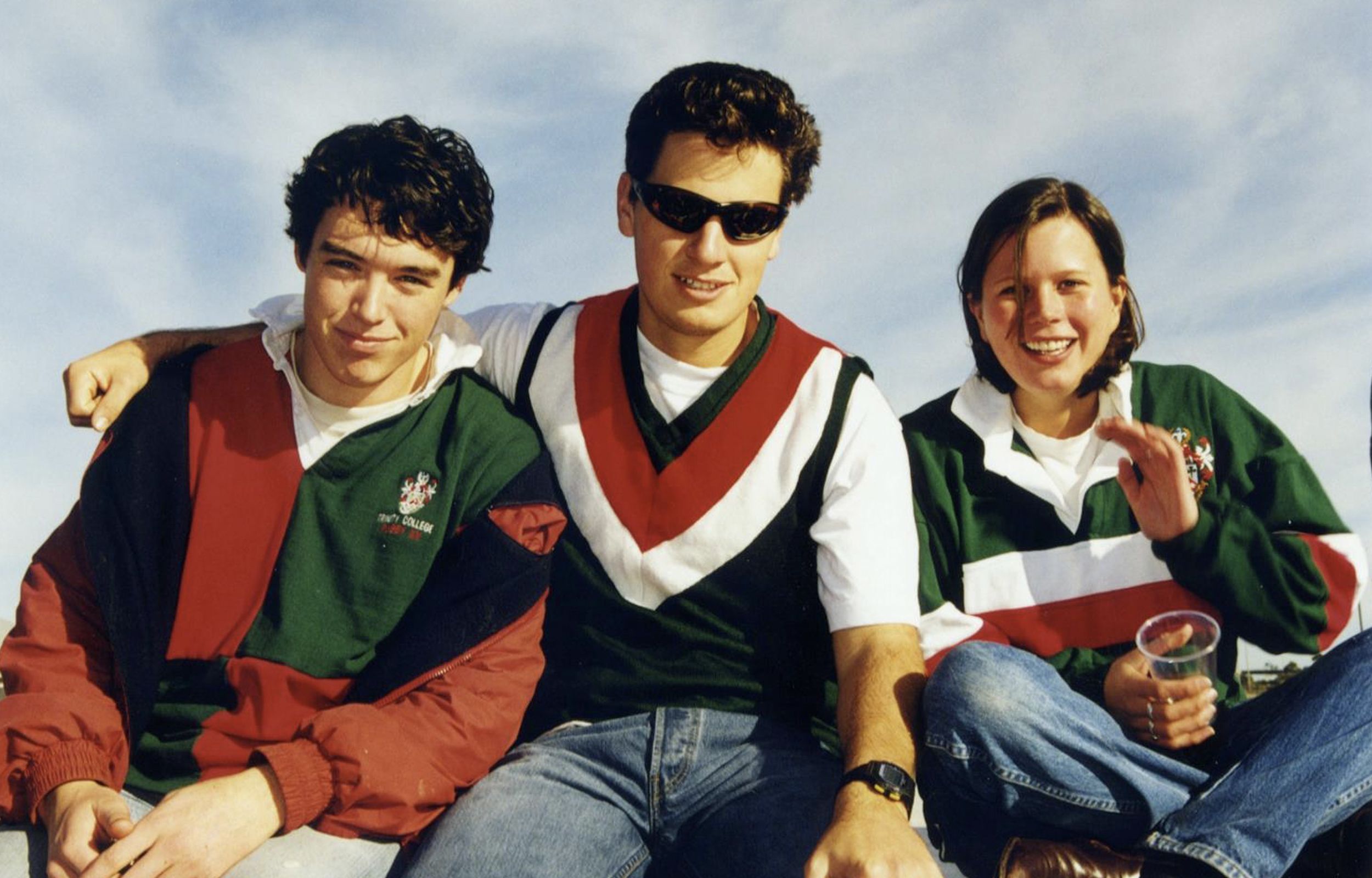 Variations of college clothing being worn by students in the 1990s.