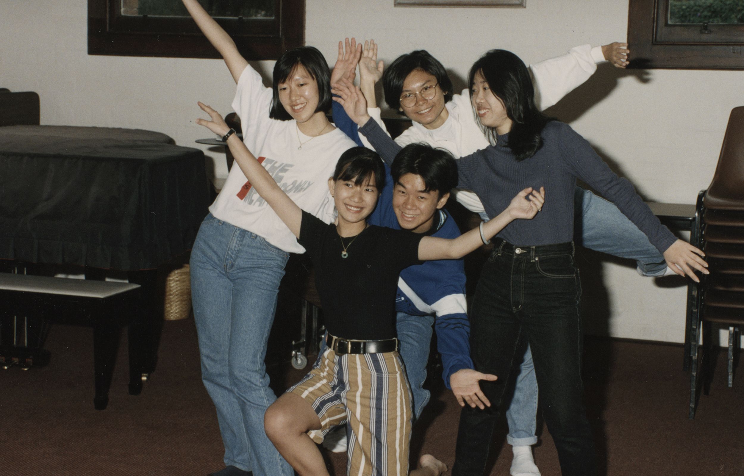 Asian international students performing drama at Trinity College, 1993.